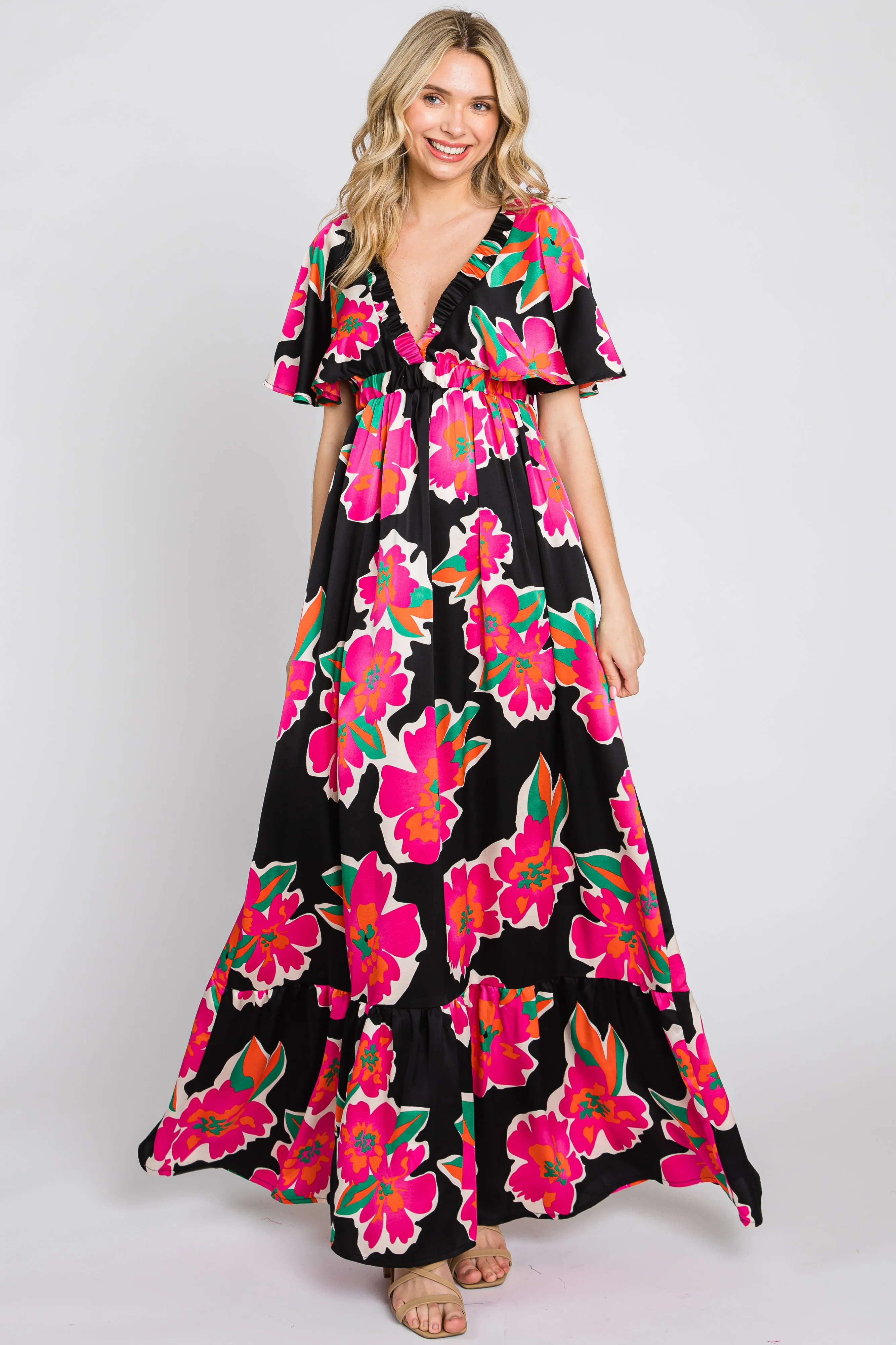 Black Floral Flounce Sleeve Maxi Dress sold by Pinkblush
