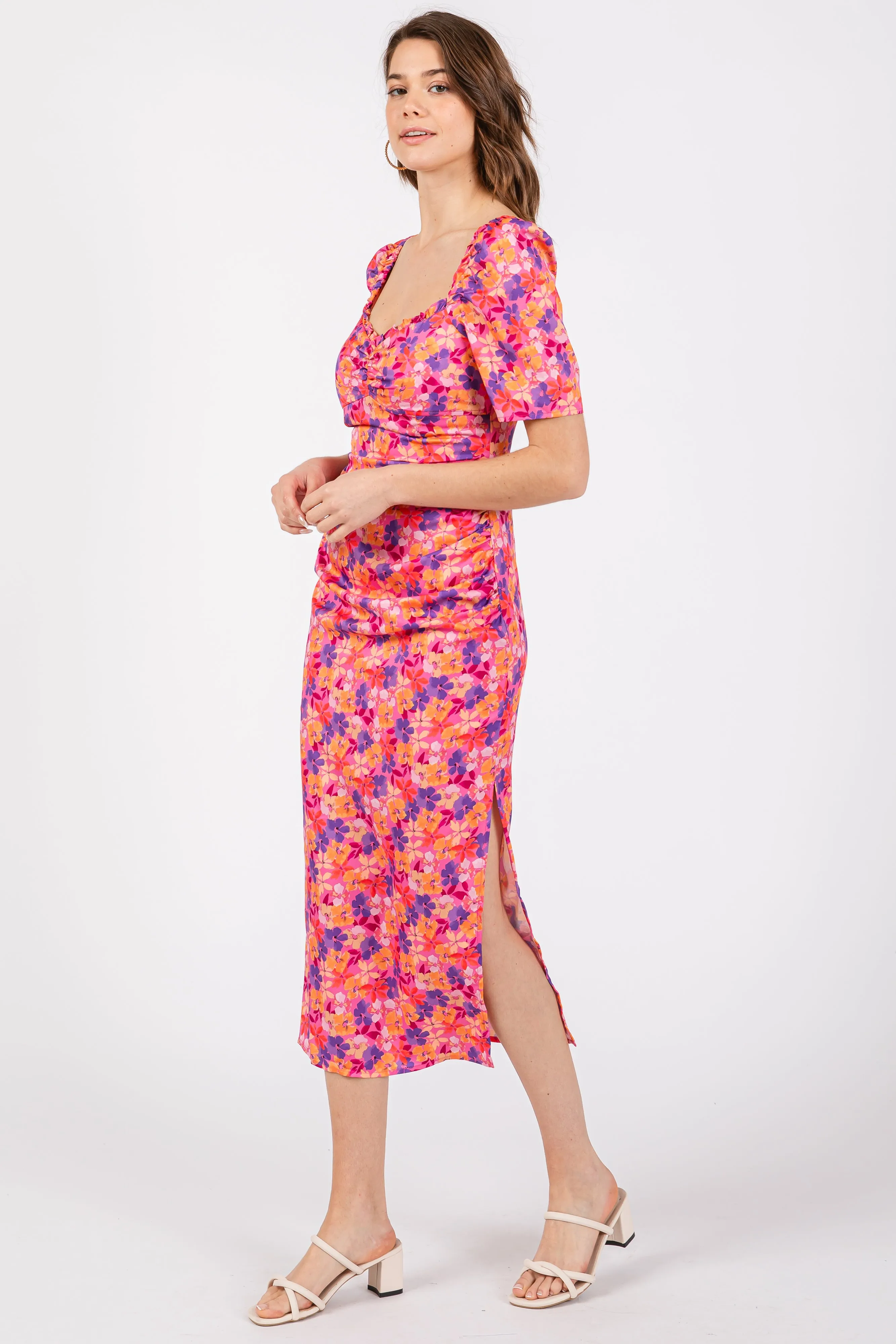 Fuchsia Floral Ruffle Sweetheart Fitted Midi Dress sold by Pinkblush product image thumbnail 2