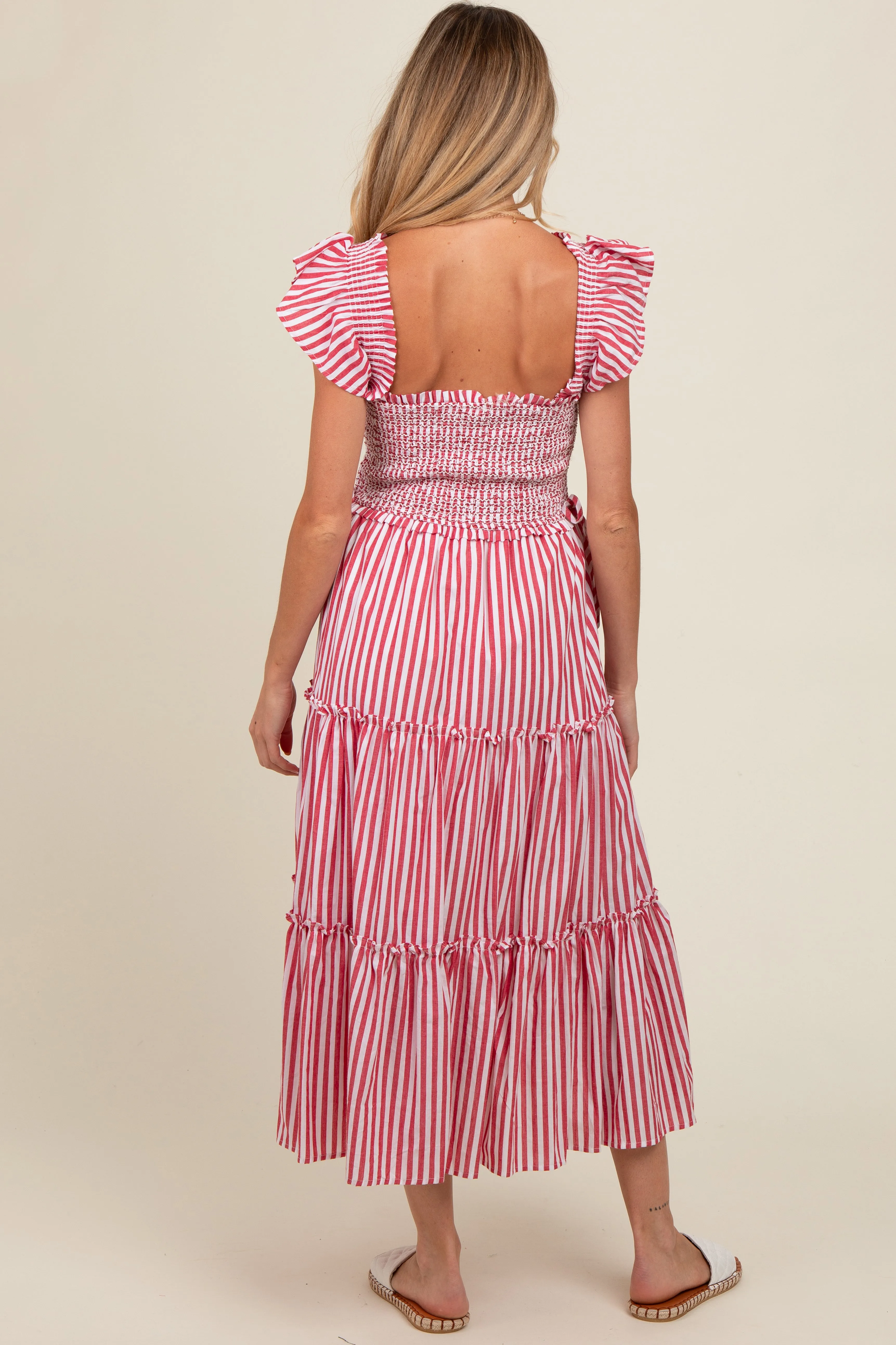 Red Striped Smocked Ruffle Tiered Maternity Midi Dress sold by Pinkblush product image thumbnail 2