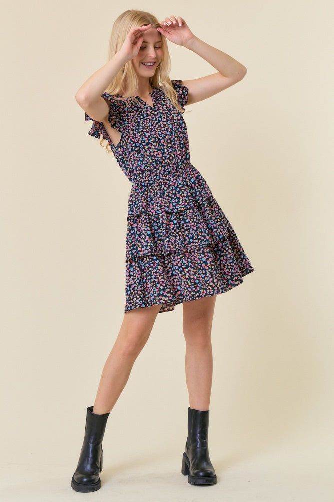 Black Split Ruffled Sleeve Tiered Bottom Mini Dress sold by Pinkblush product image thumbnail 4