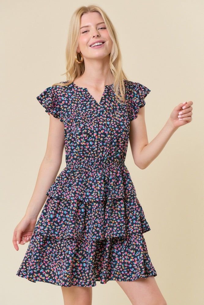 Black Split Ruffled Sleeve Tiered Bottom Mini Dress sold by Pinkblush