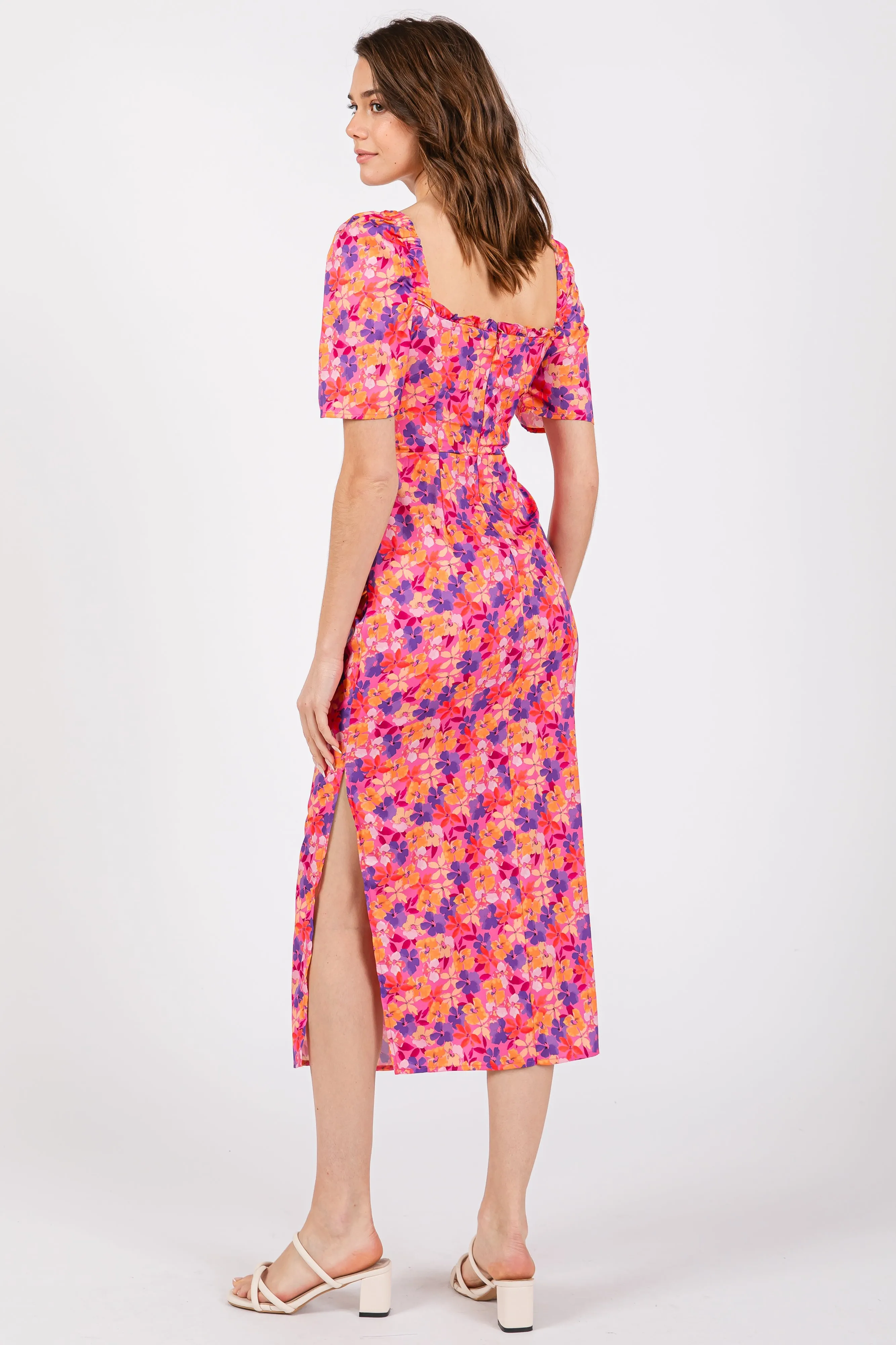 Fuchsia Floral Ruffle Sweetheart Fitted Midi Dress sold by Pinkblush product image thumbnail 3