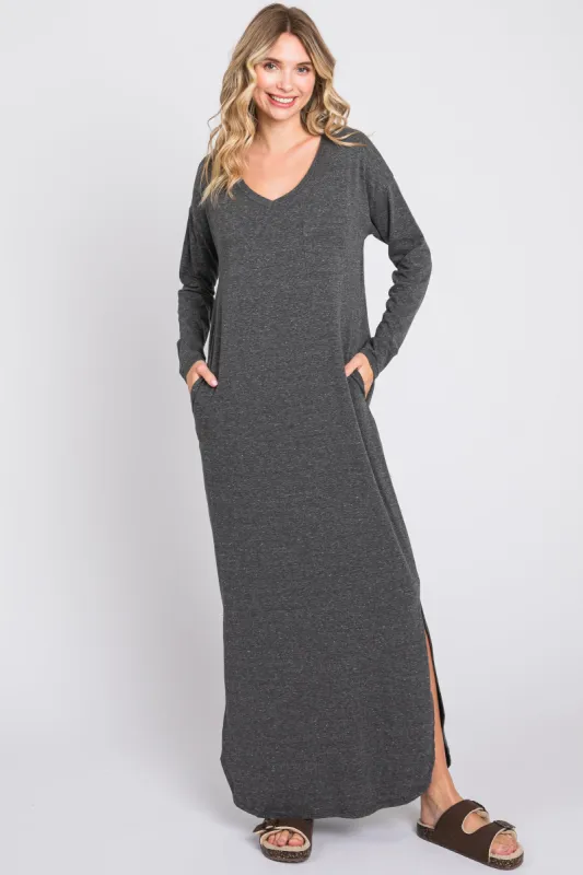 Charcoal Heathered Pocketed Long Sleeve Maxi Dress sold by Pinkblush