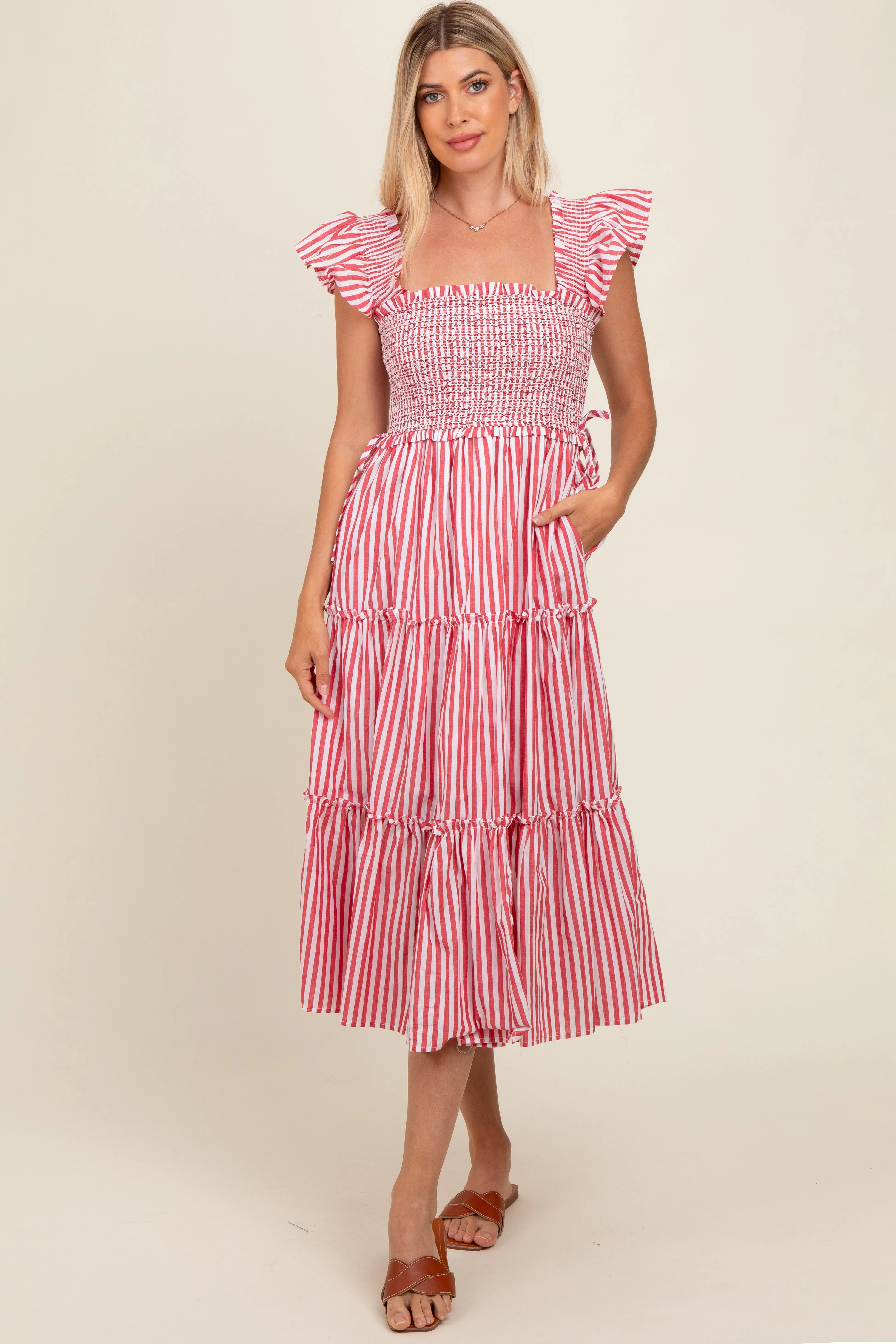 Red Striped Smocked Ruffle Tiered Maternity Midi Dress sold by Pinkblush product image thumbnail 3