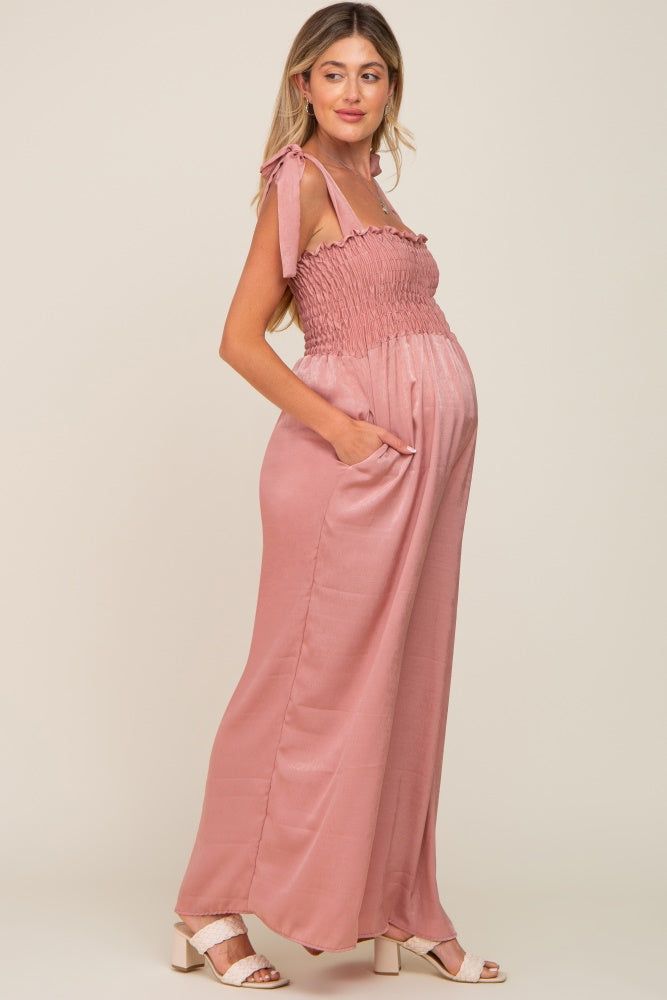 Mauve Satin Smocked Square Neck Shoulder Tie Maternity Jumpsuit sold by Pinkblush product image thumbnail 2