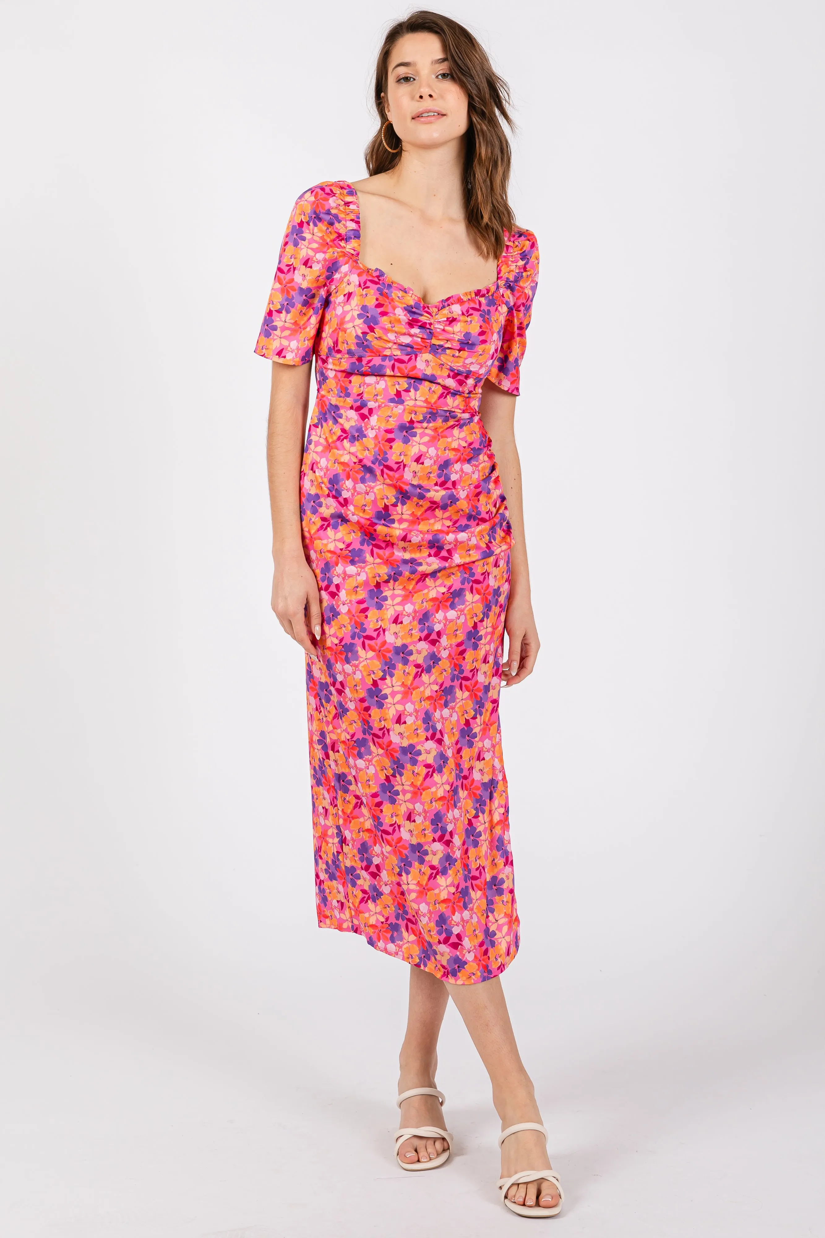 Fuchsia Floral Ruffle Sweetheart Fitted Midi Dress sold by Pinkblush