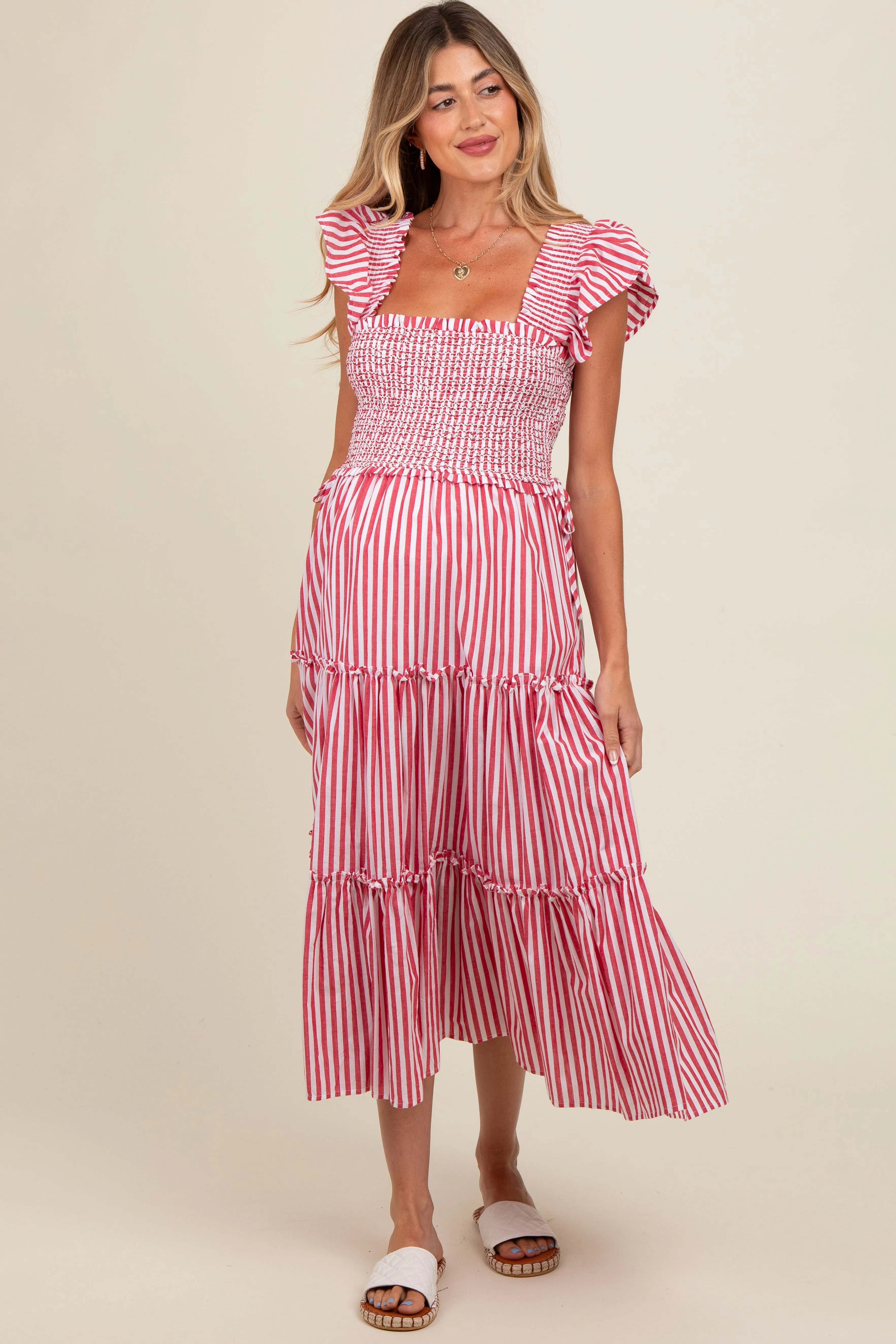 Red Striped Smocked Ruffle Tiered Maternity Midi Dress sold by Pinkblush