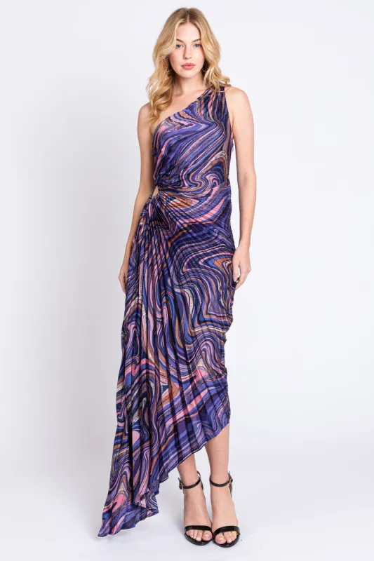 Purple Swirl Pleated One Shoulder Maxi Dress sold by Pinkblush