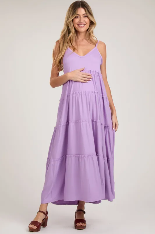 Light Purple Tiered Sleeveless Maternity Maxi Dress sold by Pinkblush