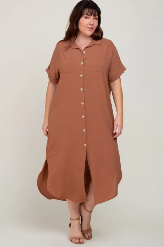 Mocha Button Down Hi Low Plus Maxi Dress sold by Pinkblush