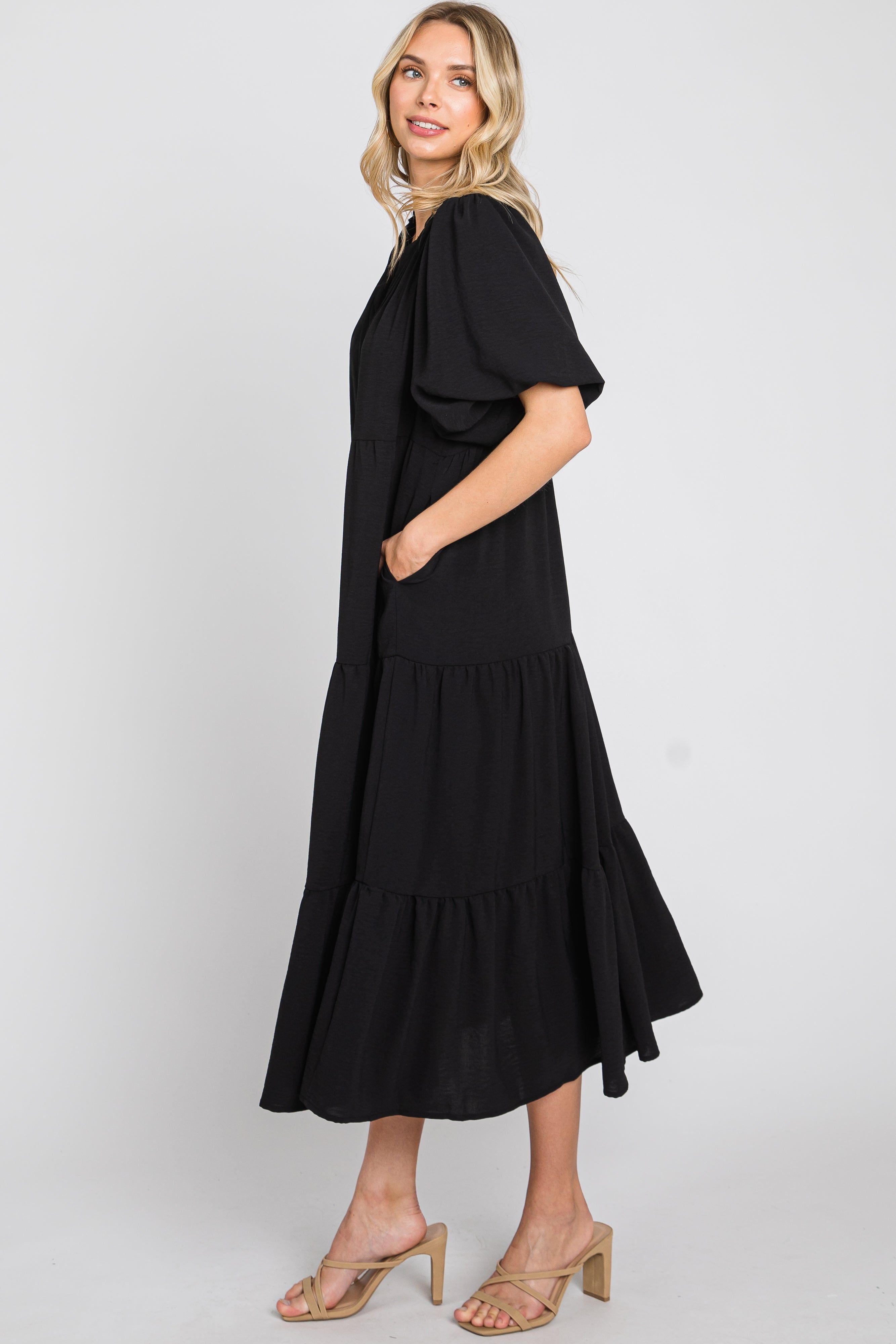 Black Bubble Sleeve Tiered Midi Dress sold by Pinkblush product image thumbnail 2