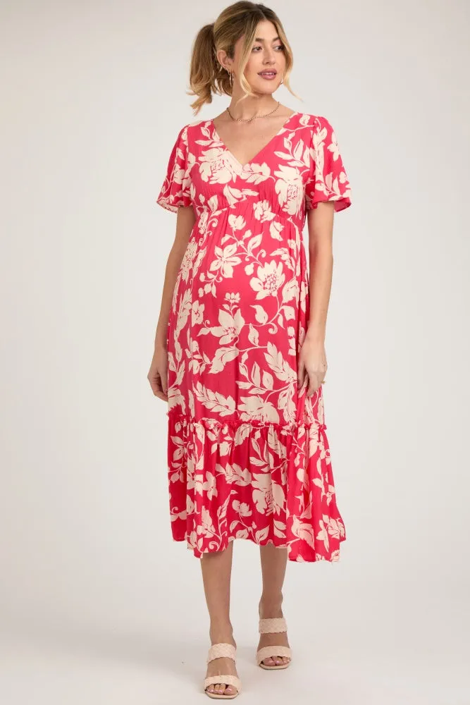 Red Tropical Print Ruffle Maternity Midi Dress sold by Pinkblush product image thumbnail 2