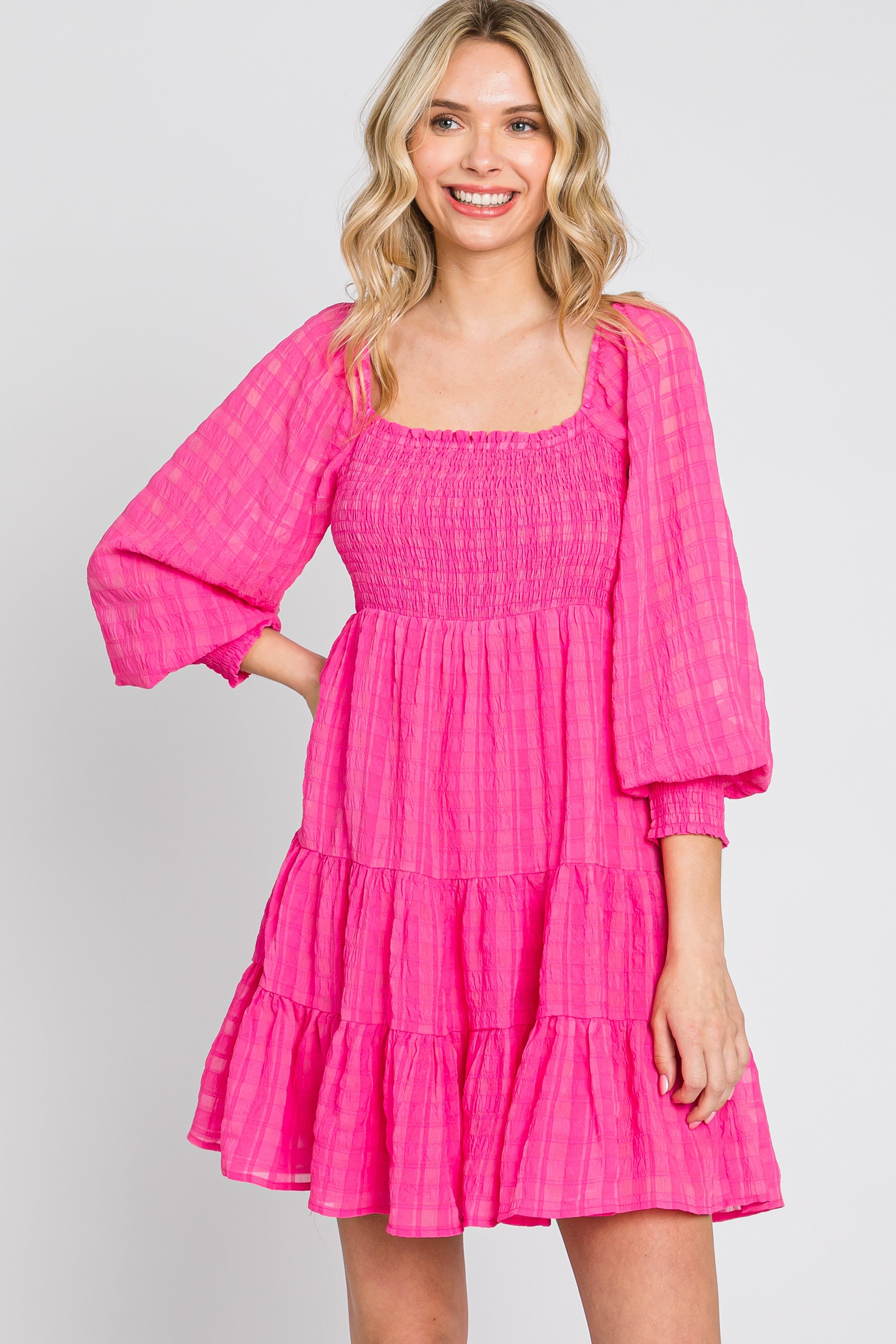 Fuchsia Gingham Textured Tiered Dress sold by Pinkblush product image thumbnail 2