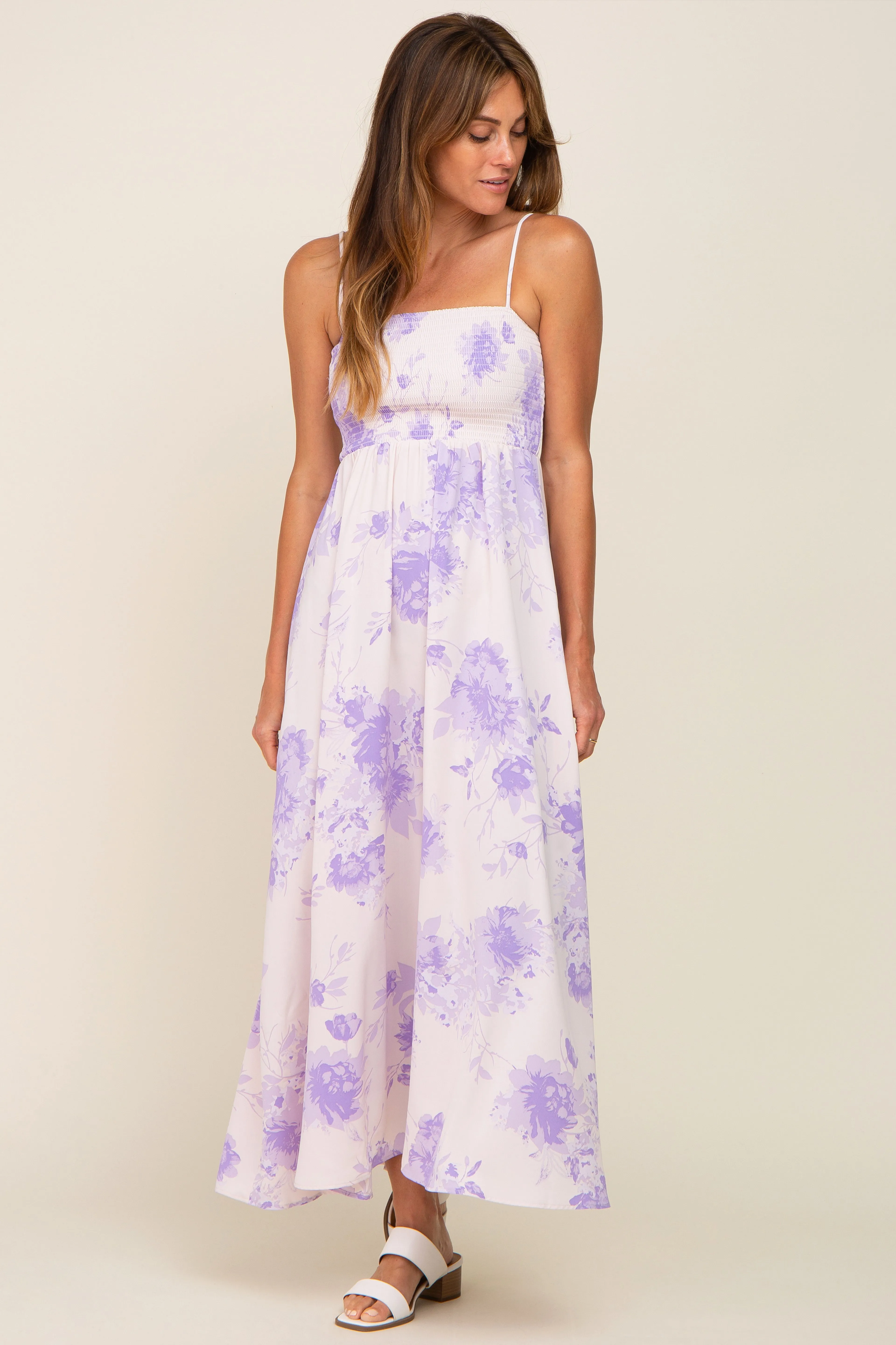 Lavender Floral Sleeveless Smocked Maxi Dress sold by Pinkblush
