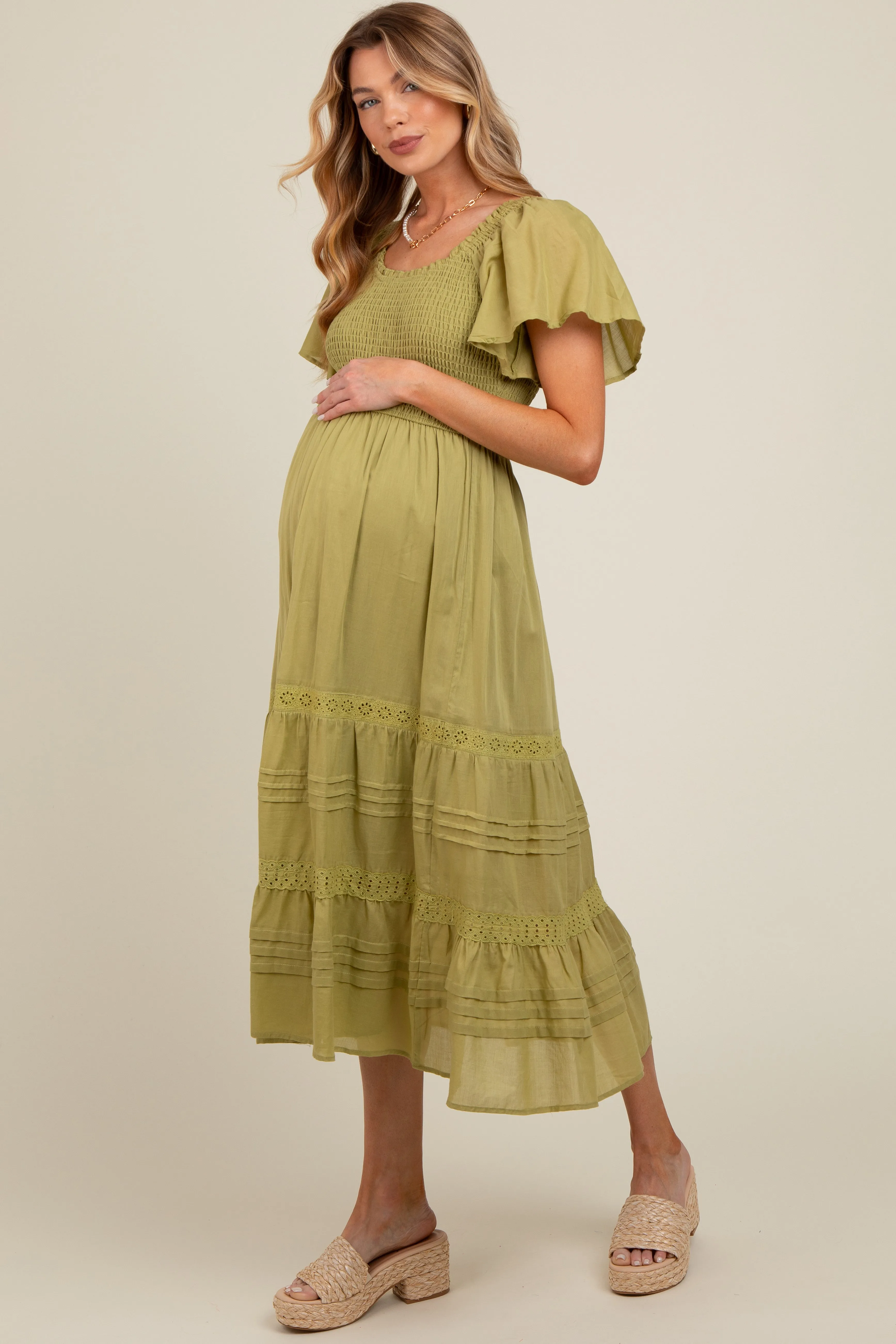 Green Smocked Short Sleeve Maternity Midi Dress sold by Pinkblush product image thumbnail 2