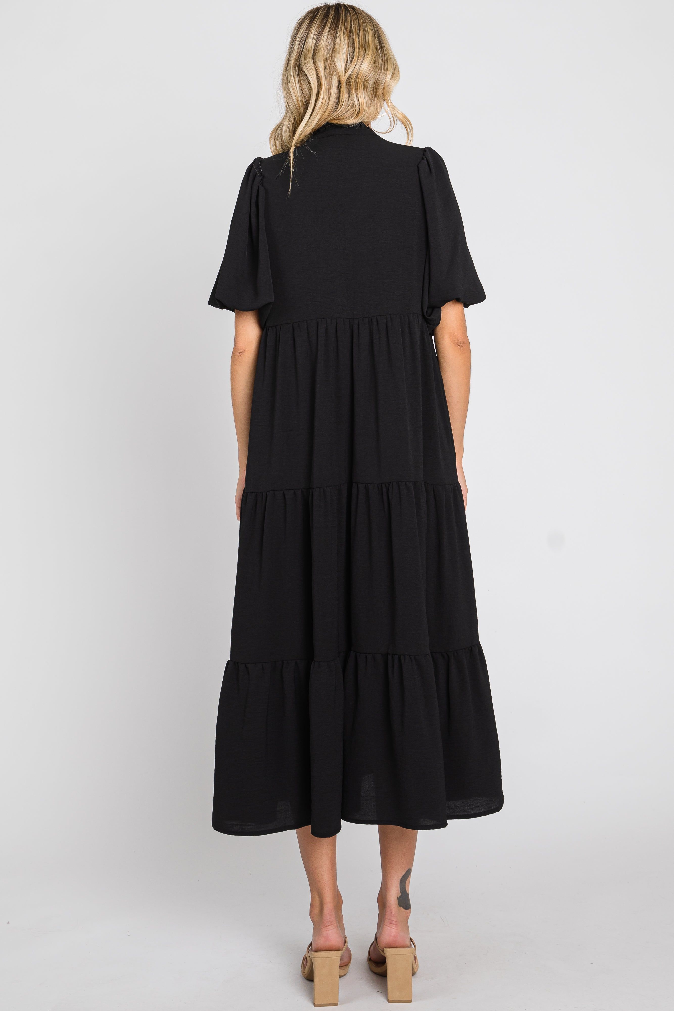 Black Bubble Sleeve Tiered Midi Dress sold by Pinkblush product image thumbnail 3