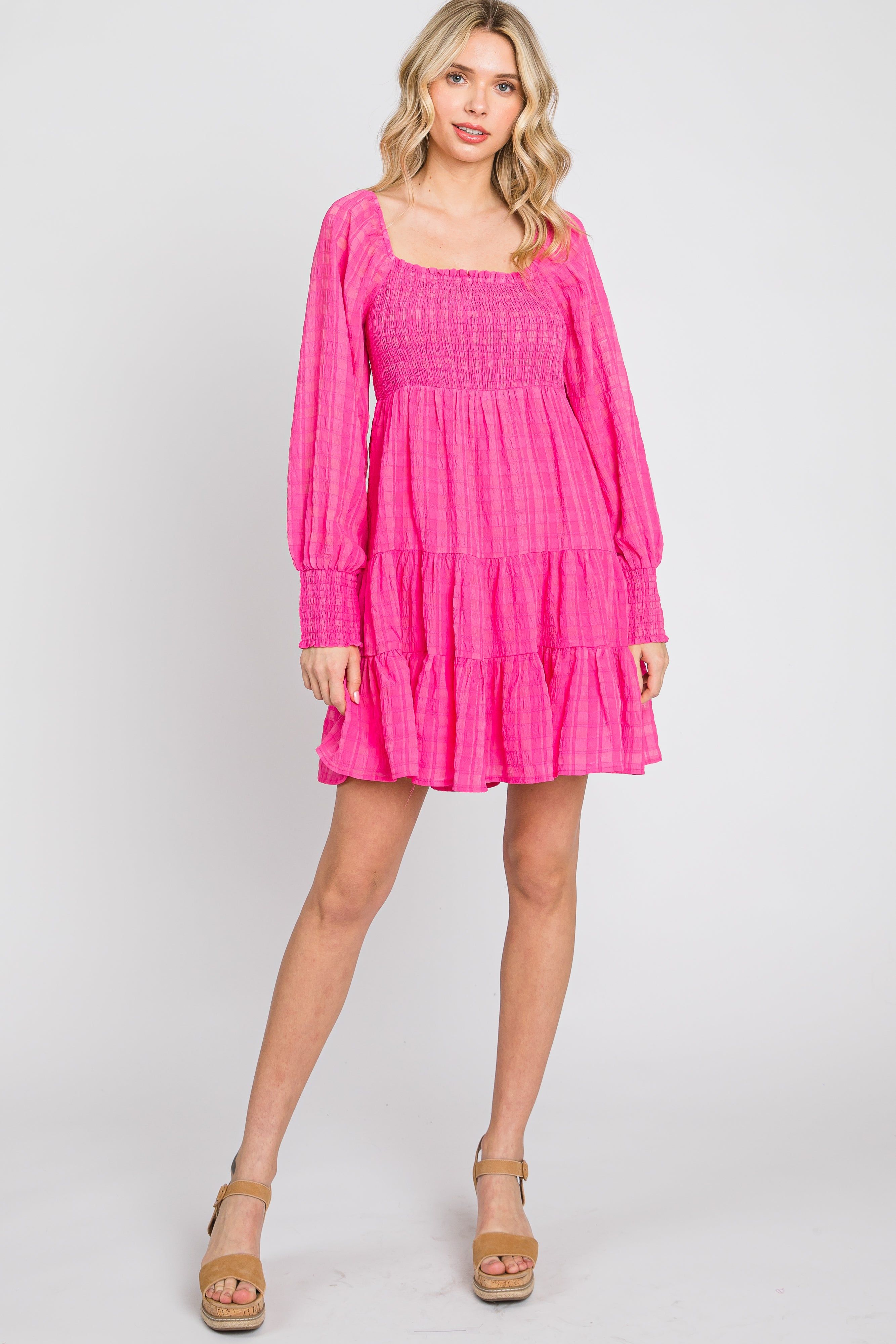 Fuchsia Gingham Textured Tiered Dress sold by Pinkblush product image thumbnail 3