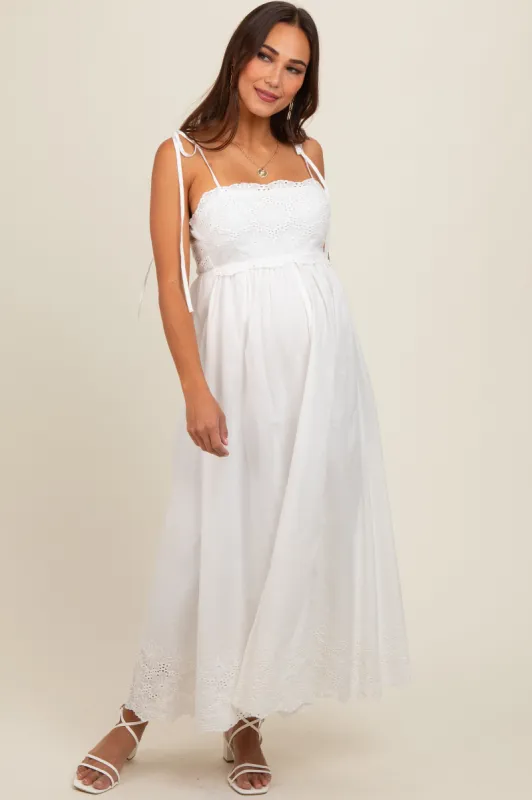 Ivory Eyelet Floral Shoulder Tie Maternity Dress sold by Pinkblush