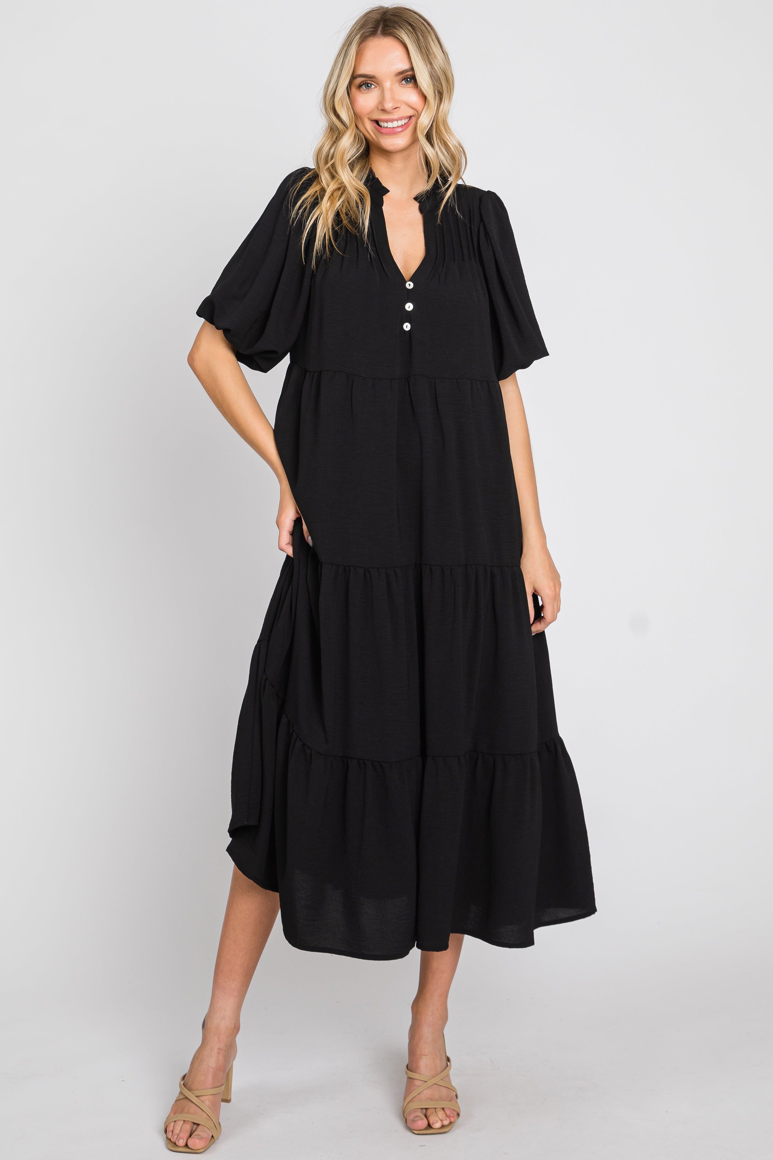Black Bubble Sleeve Tiered Midi Dress sold by Pinkblush product image thumbnail 4