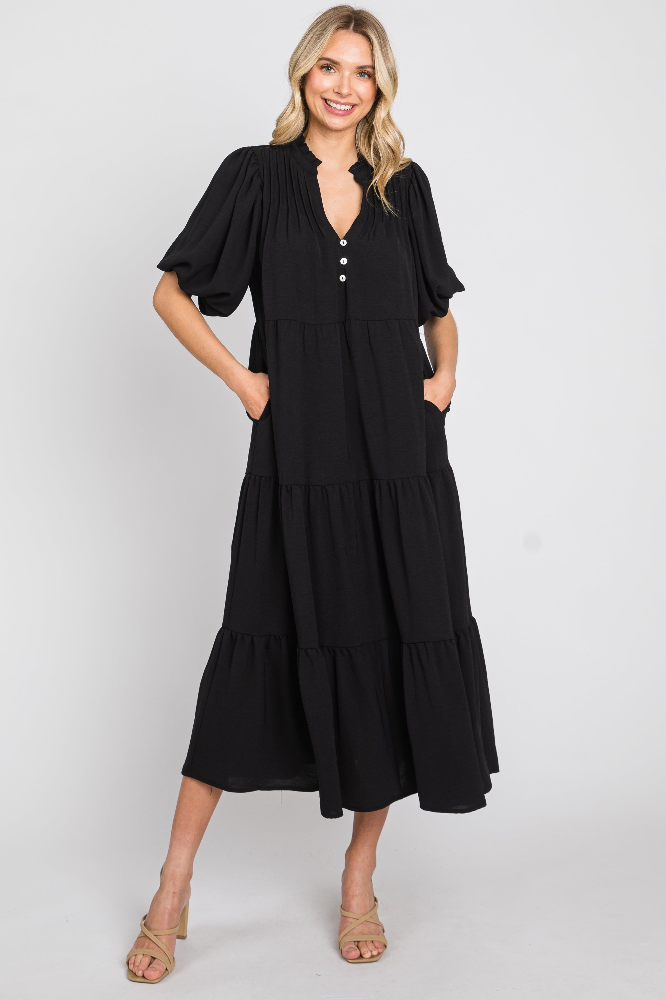 Black Bubble Sleeve Tiered Midi Dress sold by Pinkblush