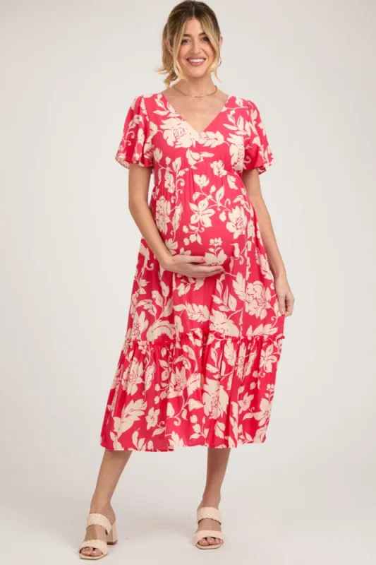 Red Tropical Print Ruffle Maternity Midi Dress sold by Pinkblush