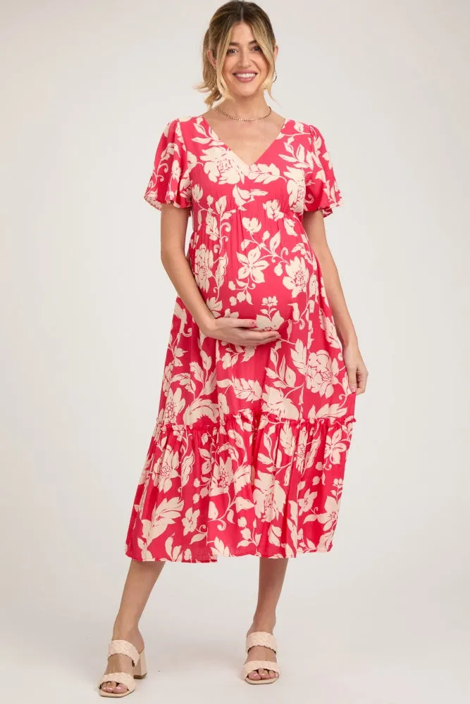 Red Tropical Print Ruffle Maternity Midi Dress sold by Pinkblush