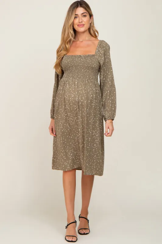 Olive Printed Long Sleeve Maternity Midi Dress sold by Pinkblush