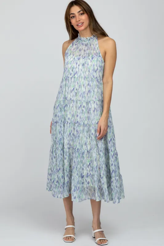 Blue Printed Sleeveless Tiered Midi Dress sold by Pinkblush