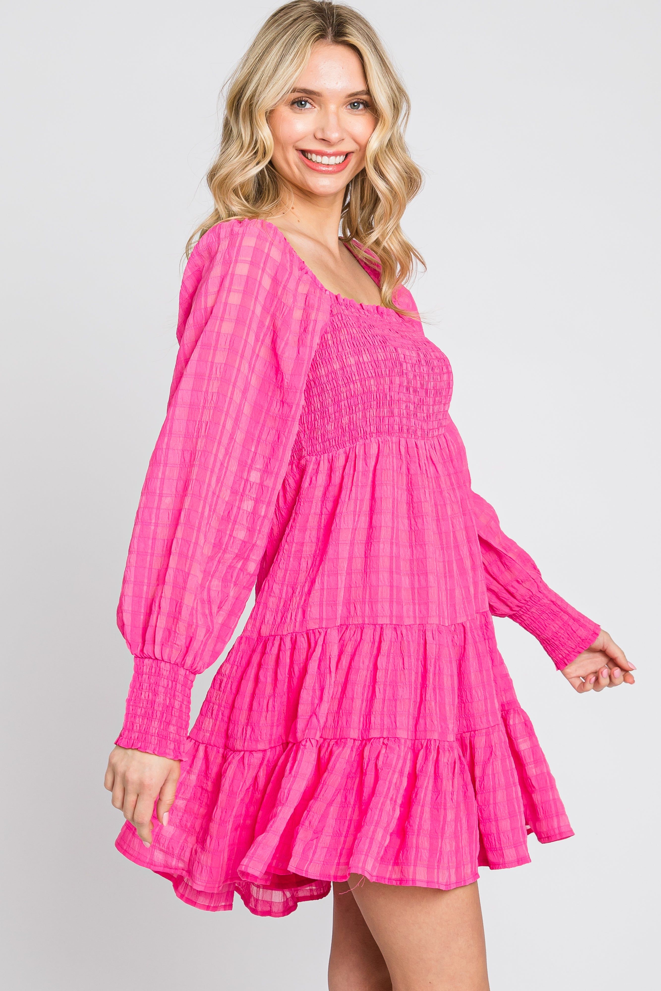 Fuchsia Gingham Textured Tiered Dress sold by Pinkblush product image thumbnail 4