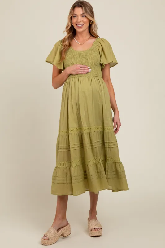 Green Smocked Short Sleeve Maternity Midi Dress sold by Pinkblush