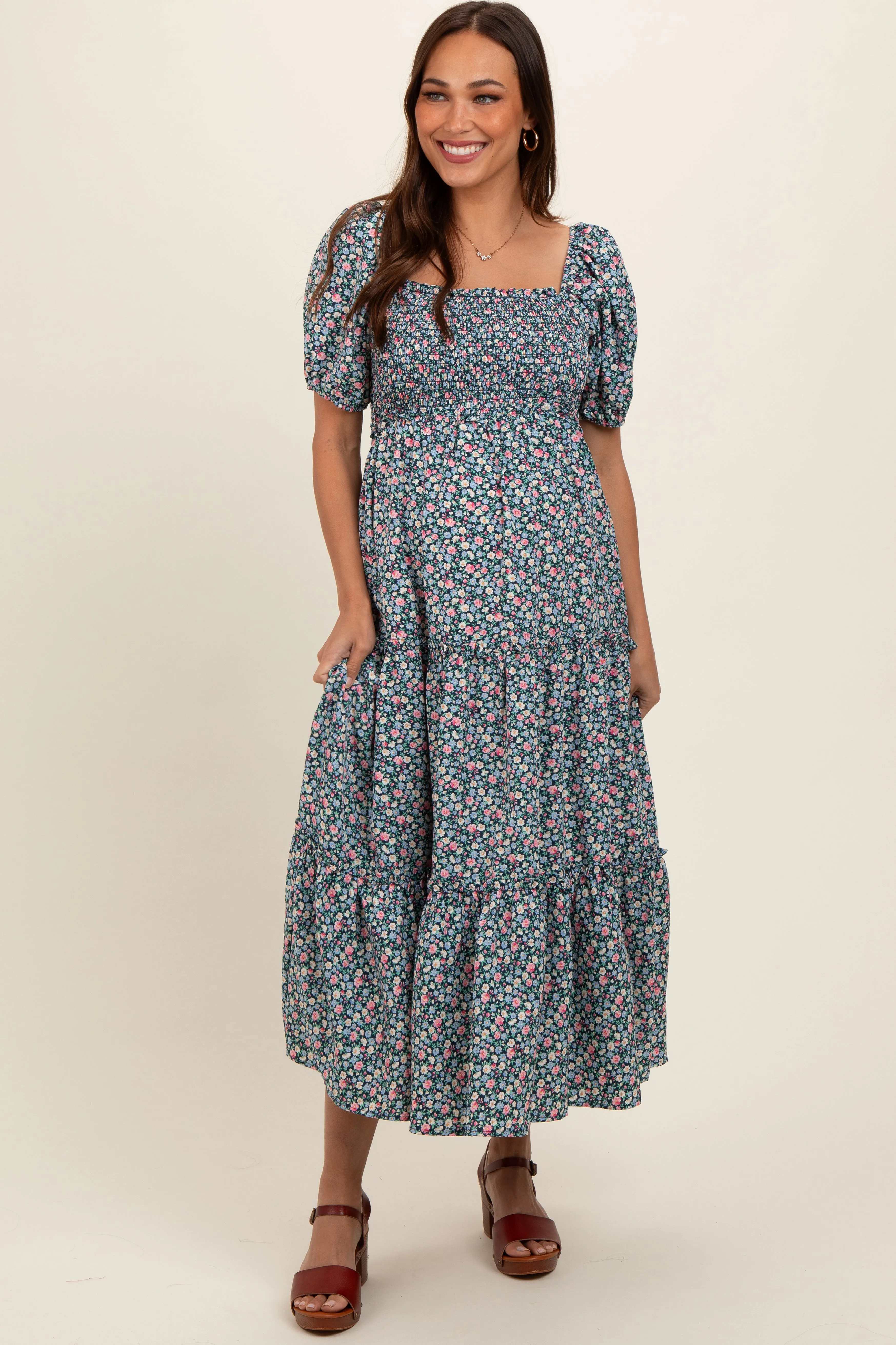 Navy Floral Smocked Tiered Puff Sleeve Maternity Maxi Dress sold by Pinkblush