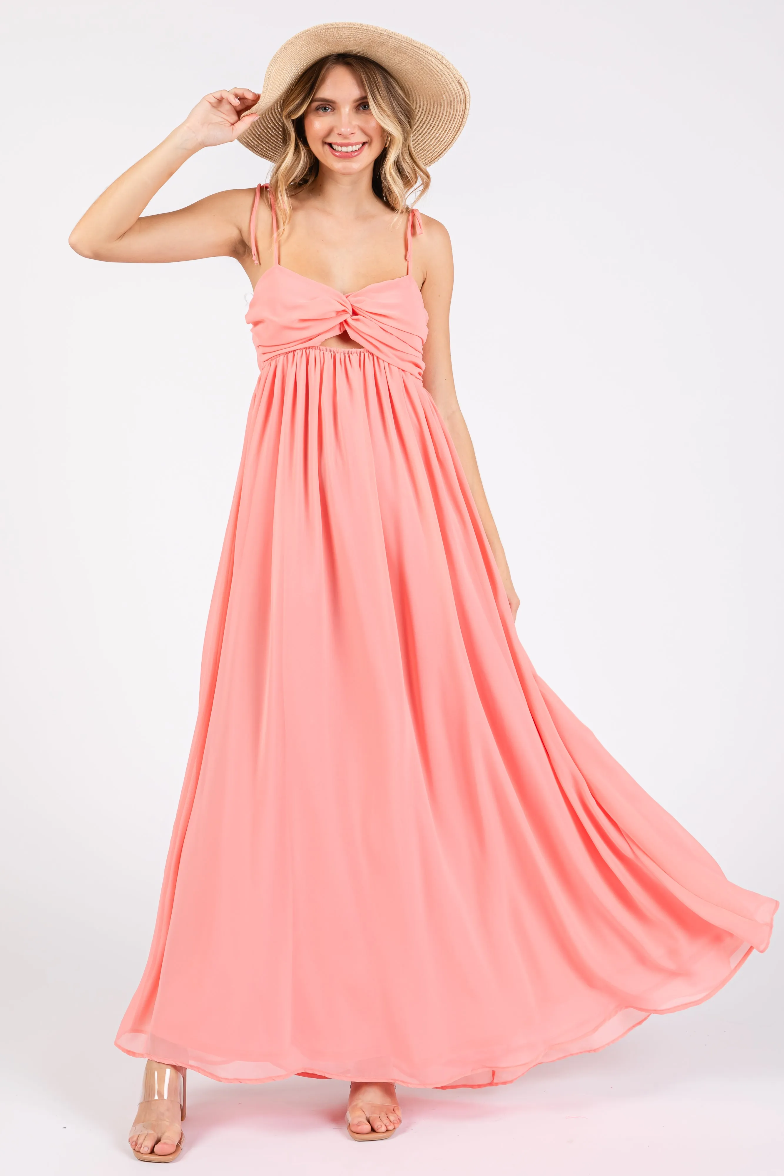 Peach Chiffon Sleeveless Cutout Front Maxi Dress sold by Pinkblush
