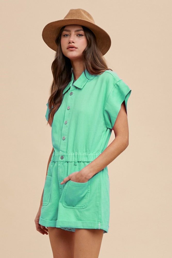 Spearmint Elastic Waistband Front Pockets Romper sold by Pinkblush