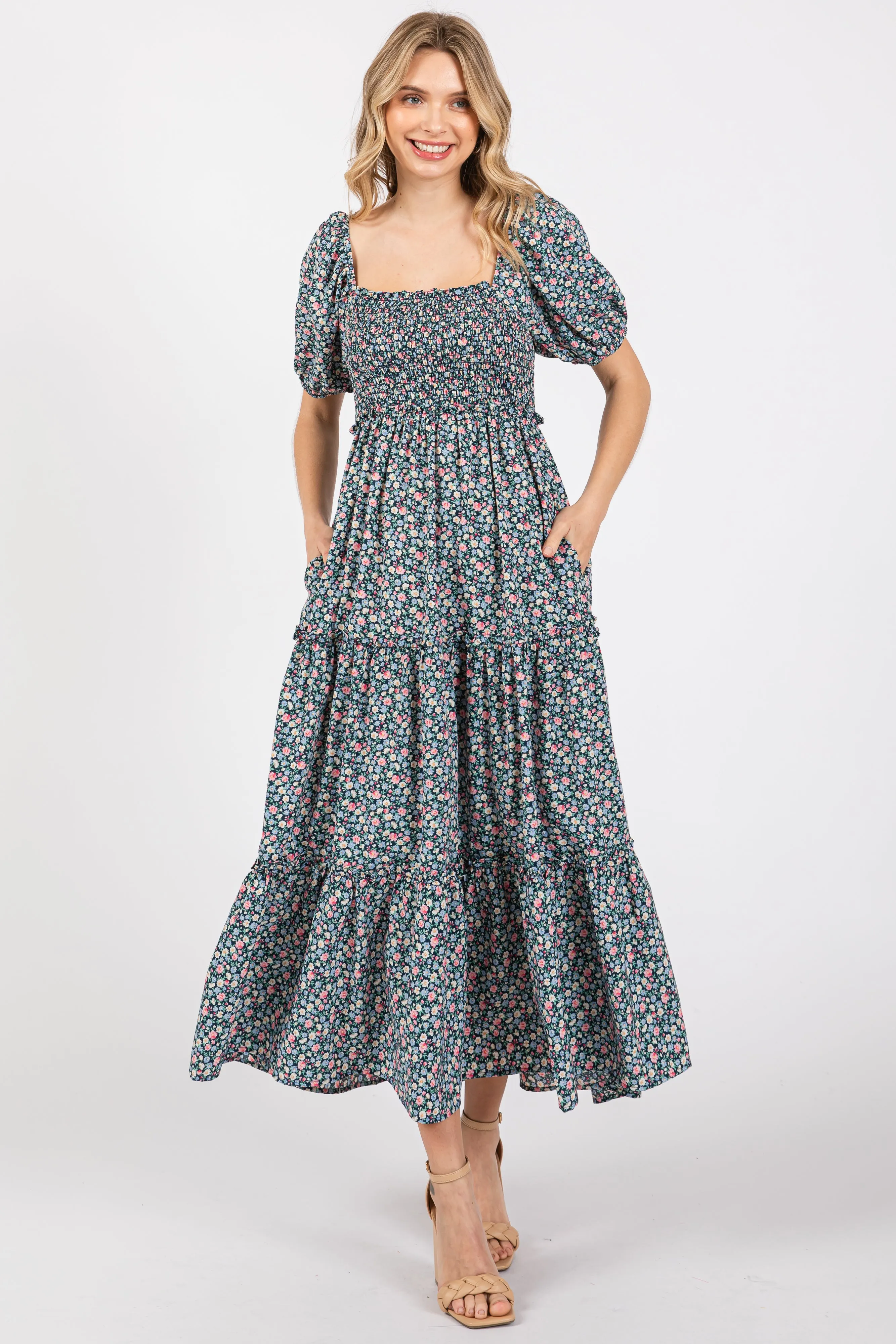 Navy Floral Smocked Tiered Puff Sleeve Maternity Maxi Dress sold by Pinkblush product image thumbnail 5
