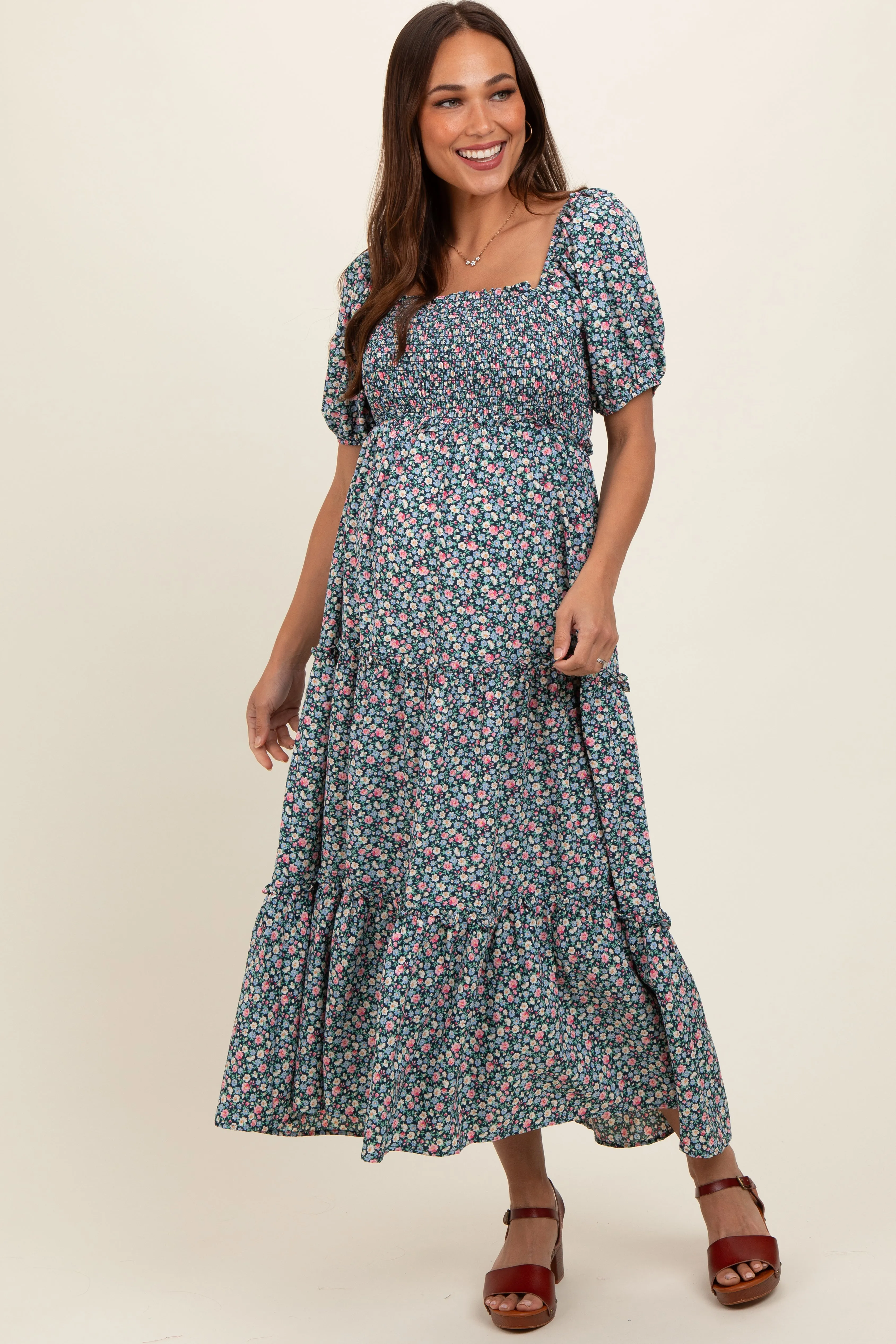 Navy Floral Smocked Tiered Puff Sleeve Maternity Maxi Dress sold by Pinkblush product image thumbnail 2