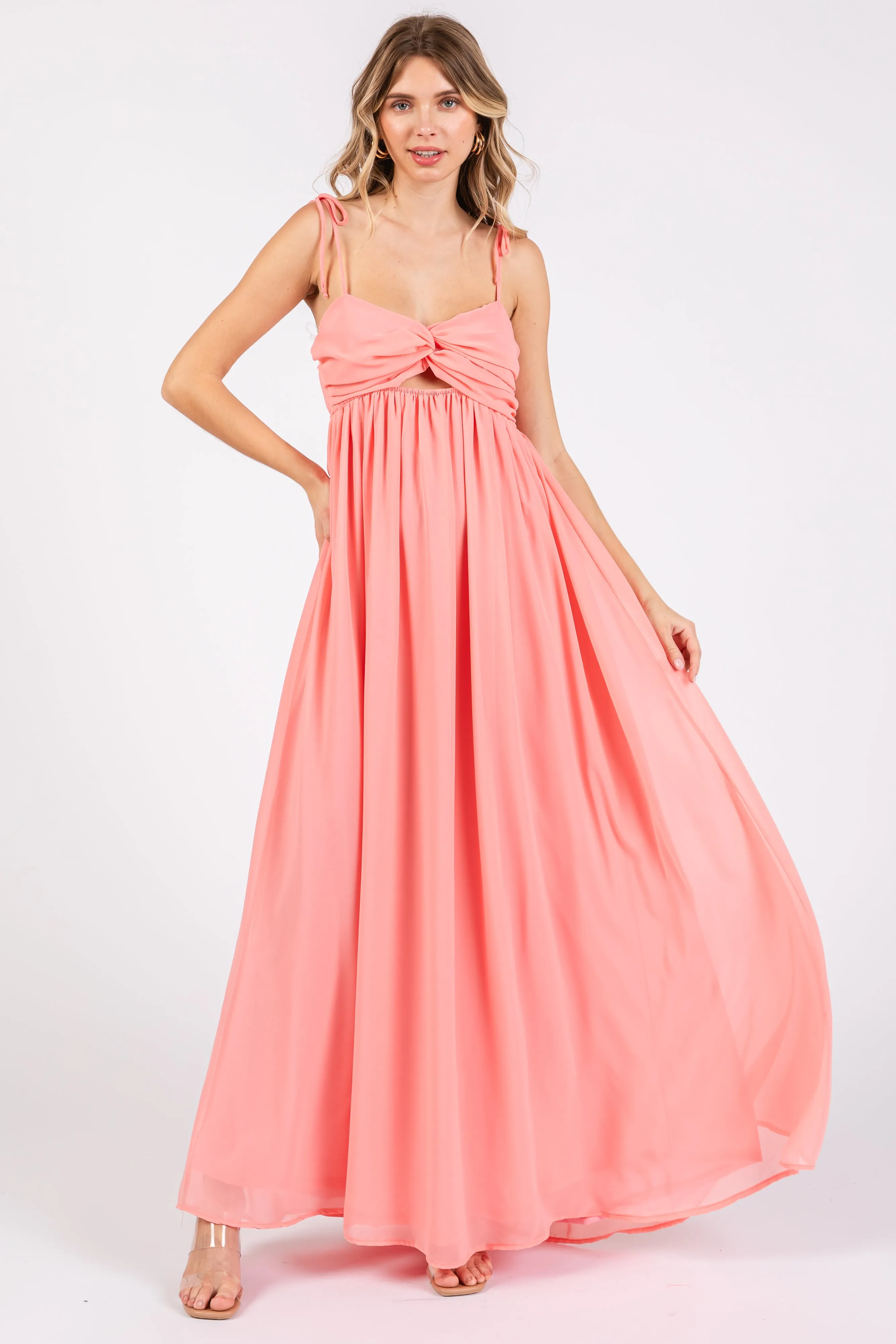 Peach Chiffon Sleeveless Cutout Front Maxi Dress sold by Pinkblush product image thumbnail 2
