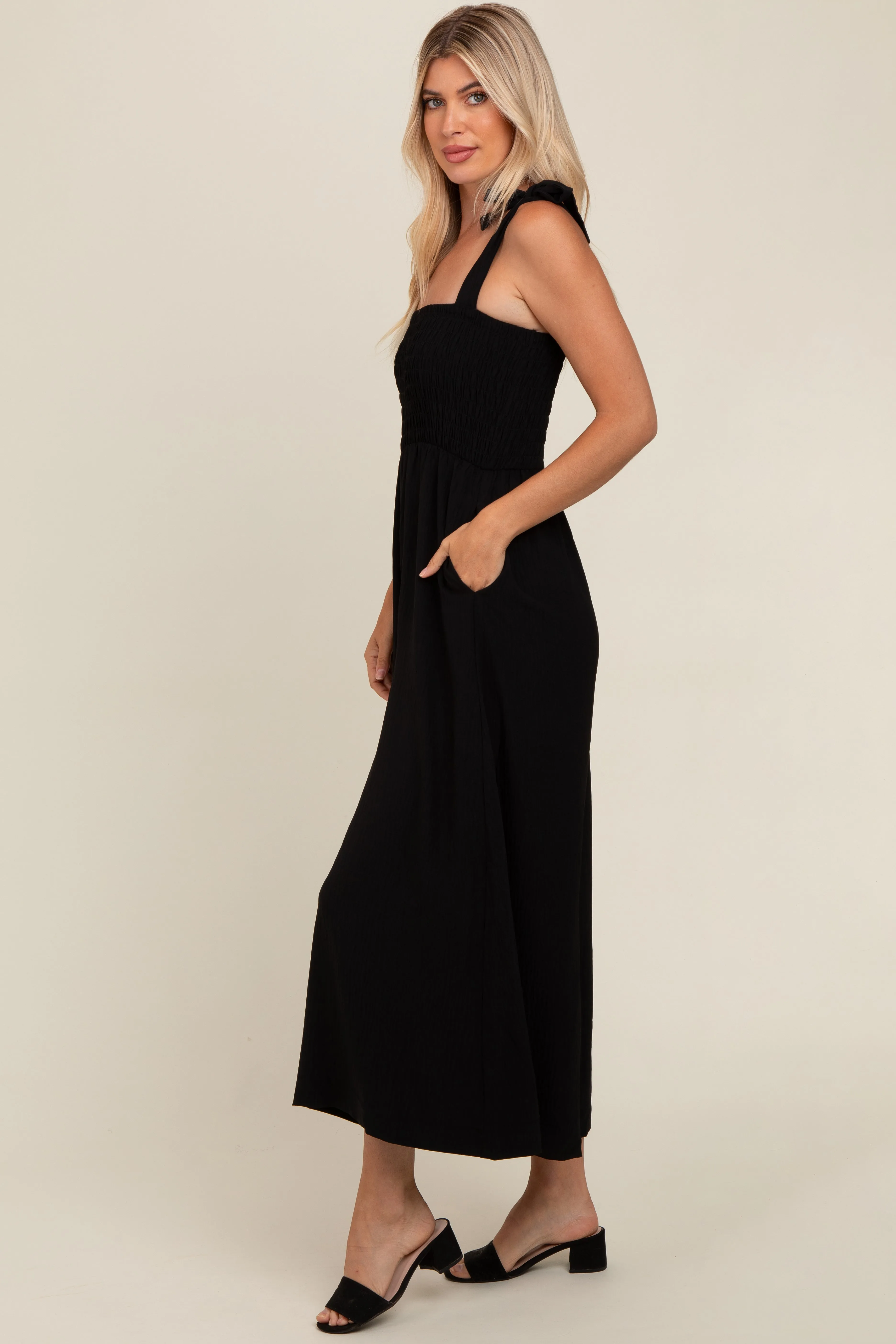 Black Smocked Wide Leg Jumpsuit sold by Pinkblush product image thumbnail 3