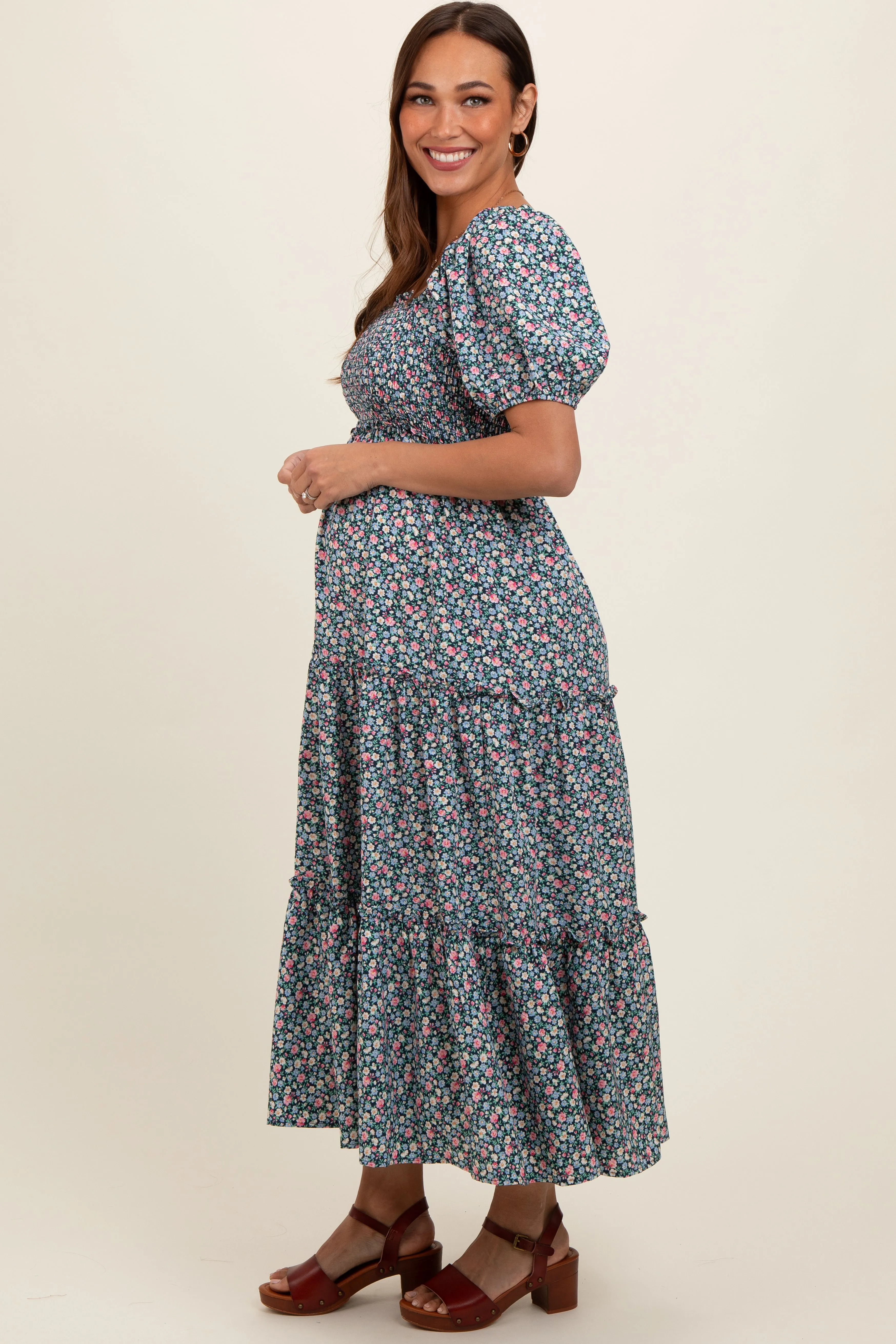 Navy Floral Smocked Tiered Puff Sleeve Maternity Maxi Dress sold by Pinkblush product image thumbnail 3
