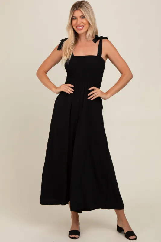 Black Smocked Wide Leg Jumpsuit sold by Pinkblush