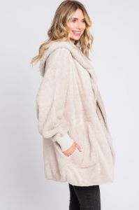 Cream Fuzzy Hooded Long Sleeve Jacket sold by Pinkblush