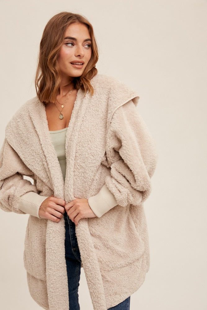 Cream Fuzzy Hooded Long Sleeve Jacket sold by Pinkblush