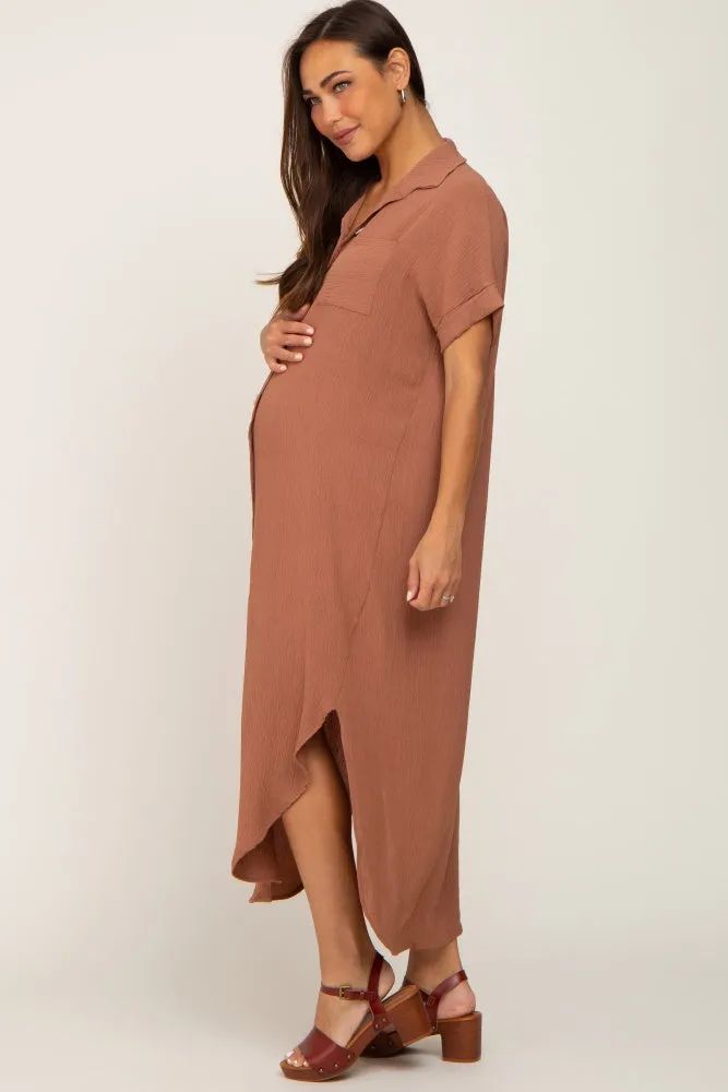 Camel Button Down Hi Low Maternity Maxi Dress sold by Pinkblush product image thumbnail 2