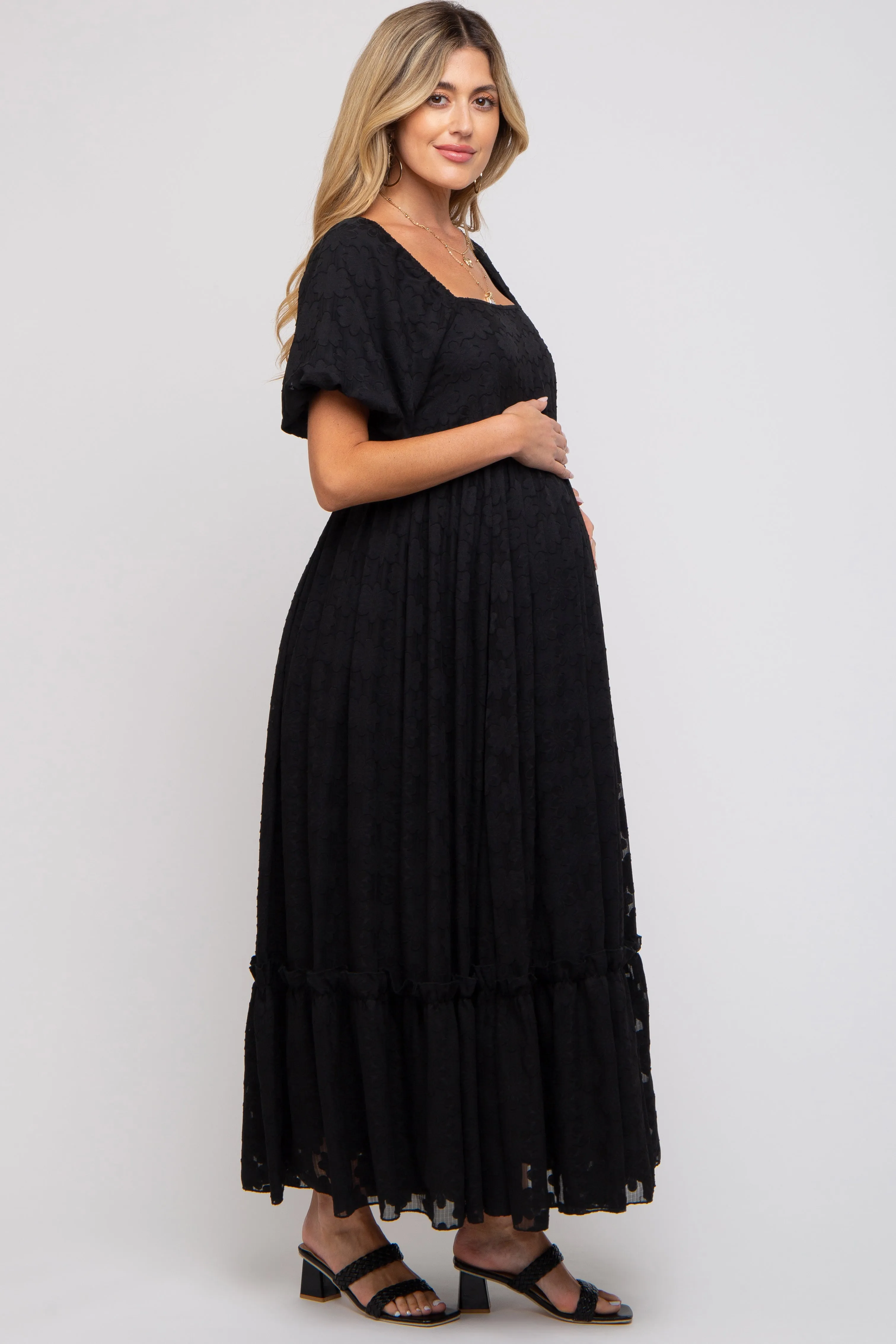 Black Floral Chiffon Smocked Square Neck Maternity Maxi Dress sold by Pinkblush product image thumbnail 3