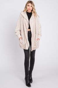 Cream Fuzzy Hooded Long Sleeve Jacket sold by Pinkblush