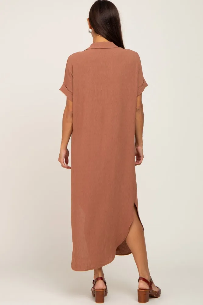 Camel Button Down Hi Low Maternity Maxi Dress sold by Pinkblush product image thumbnail 3