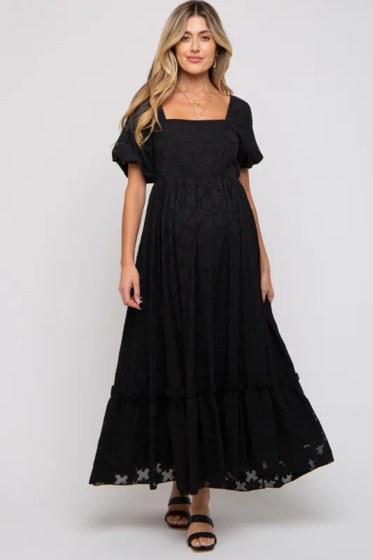 Black Floral Chiffon Smocked Square Neck Maternity Maxi Dress sold by Pinkblush