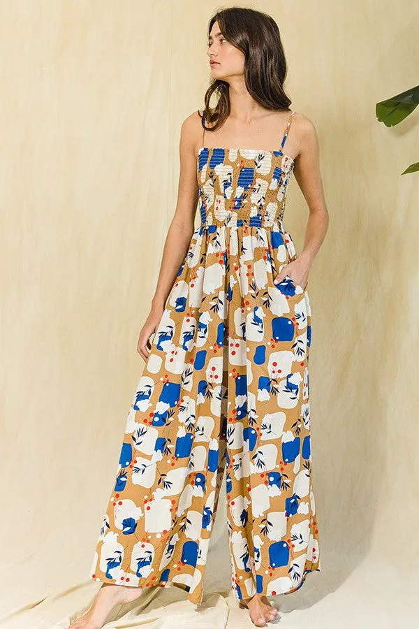 Taupe Leaf Print Smocked Wide Leg Jumpsuit sold by Pinkblush