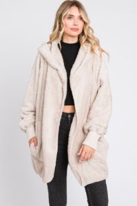 Cream Fuzzy Hooded Long Sleeve Jacket sold by Pinkblush