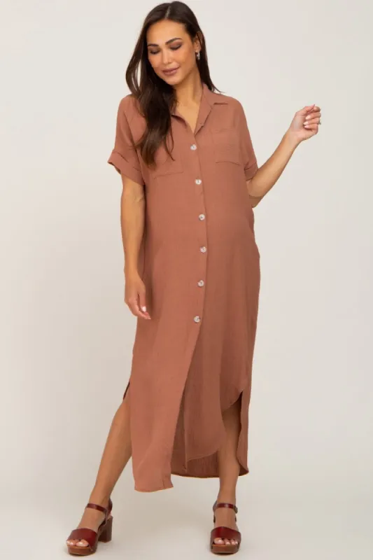 Camel Button Down Hi Low Maternity Maxi Dress sold by Pinkblush