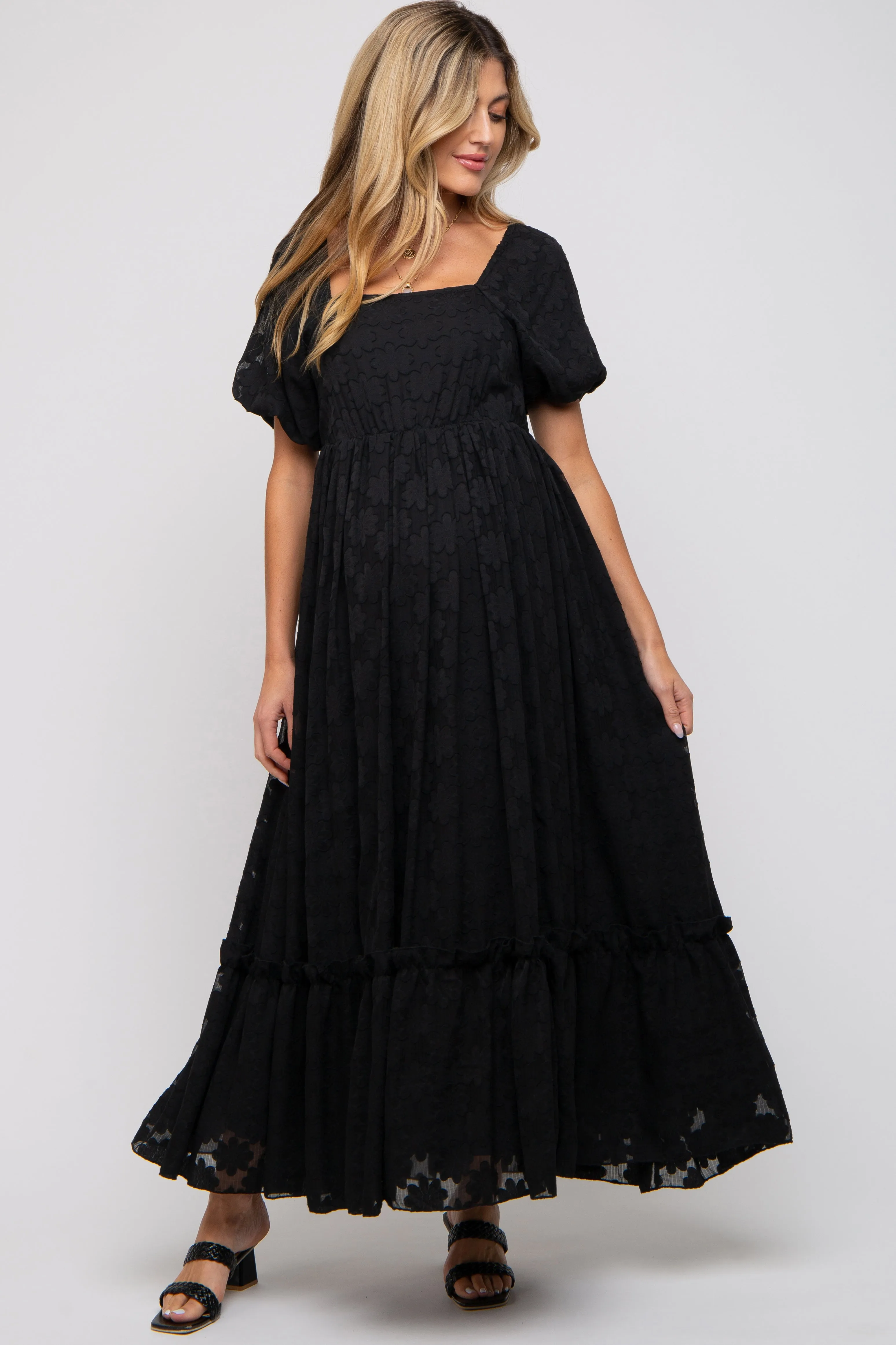 Black Floral Chiffon Smocked Square Neck Maternity Maxi Dress sold by Pinkblush product image thumbnail 2